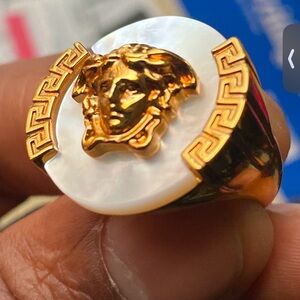 Versace Gold and White Jewelry Ring with Greek Key Design